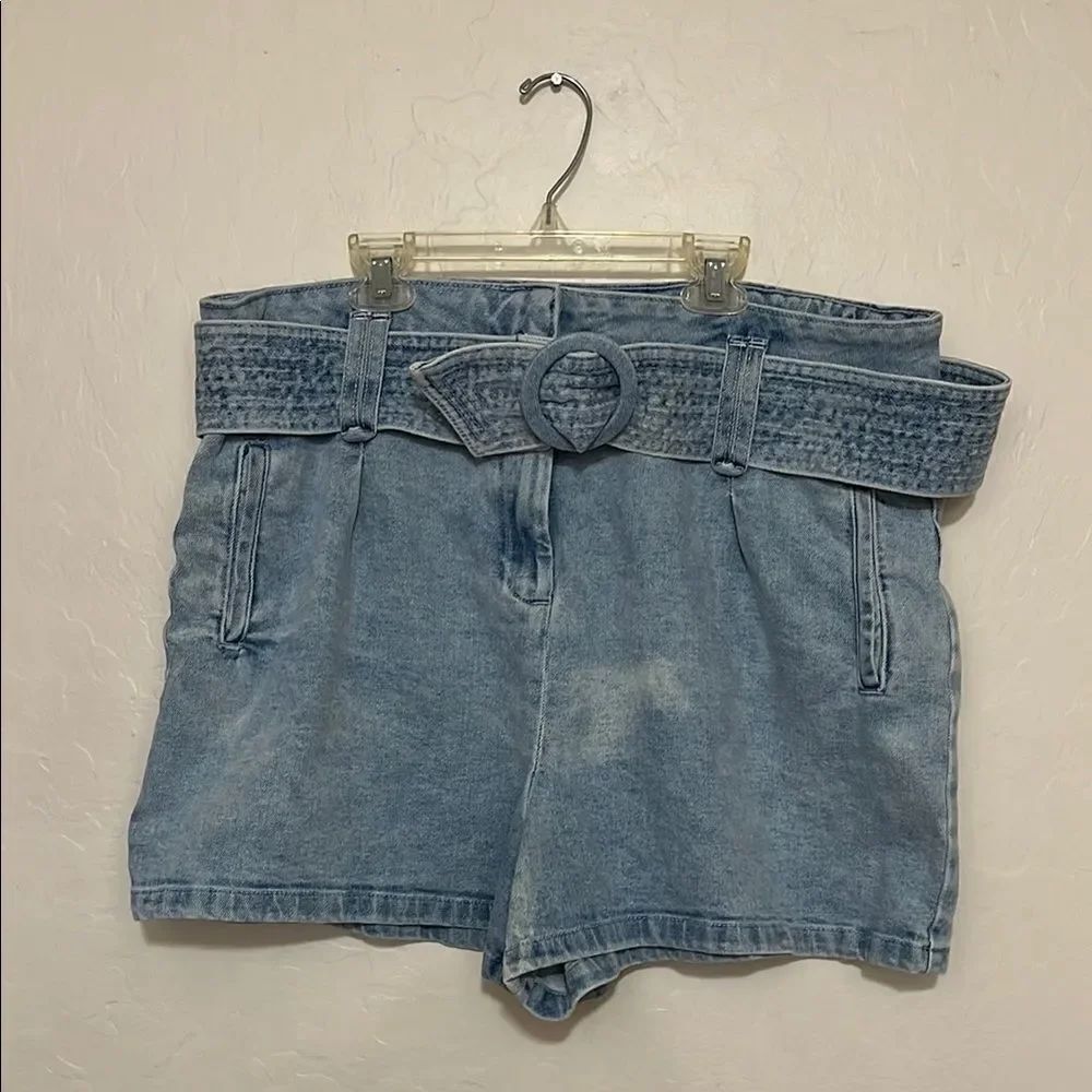 Sezane Rome Blue Denim Distressed Pockets Shorts Modern Boho Coastal